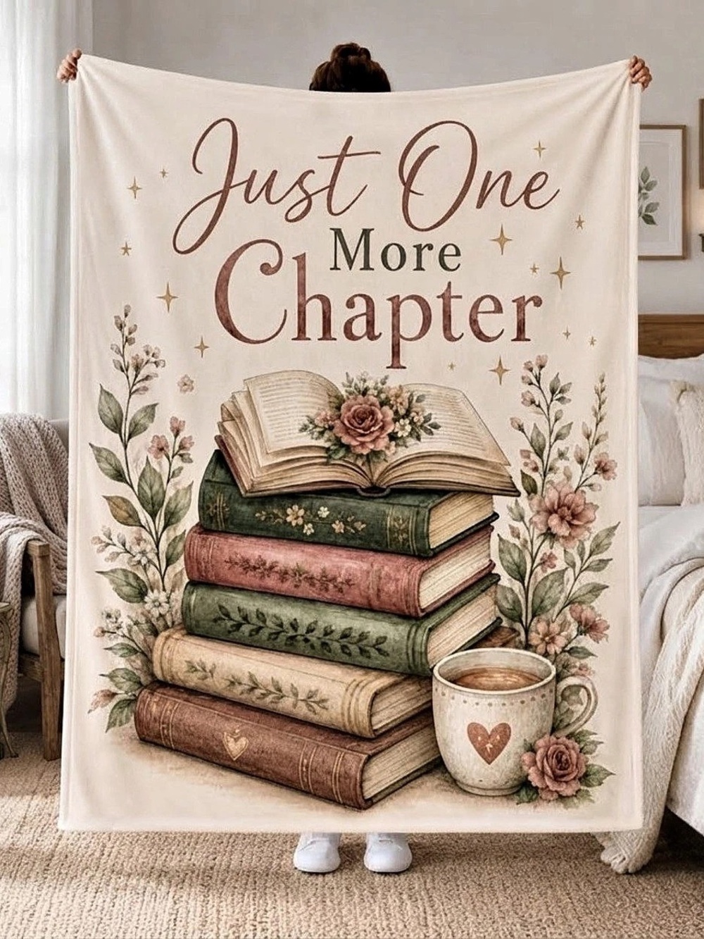 Just One More Chapter Book Stack Coffee Reading Cozy Blanket